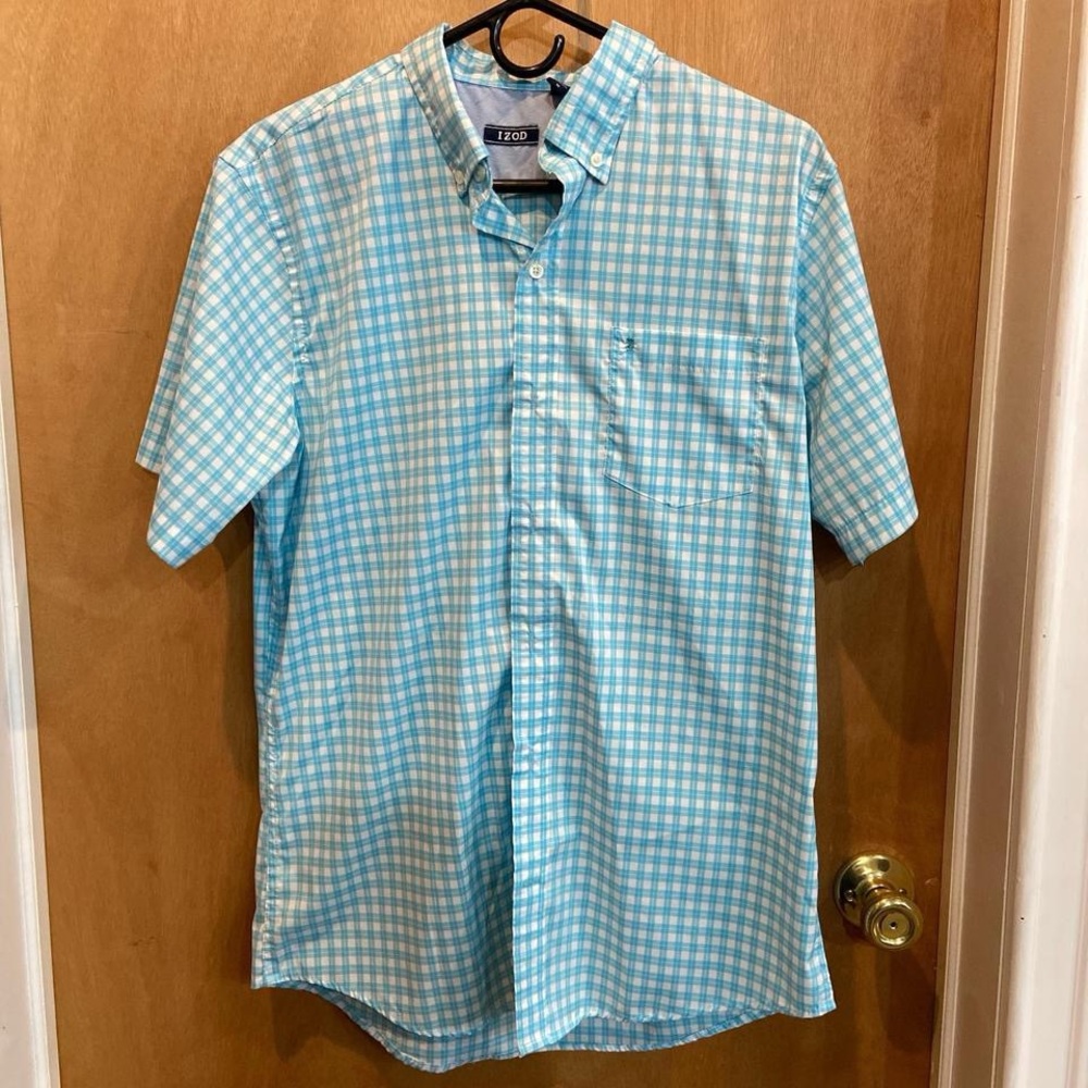 Izod Blue Casual Button Down Shirt with Classic Checkered Pattern